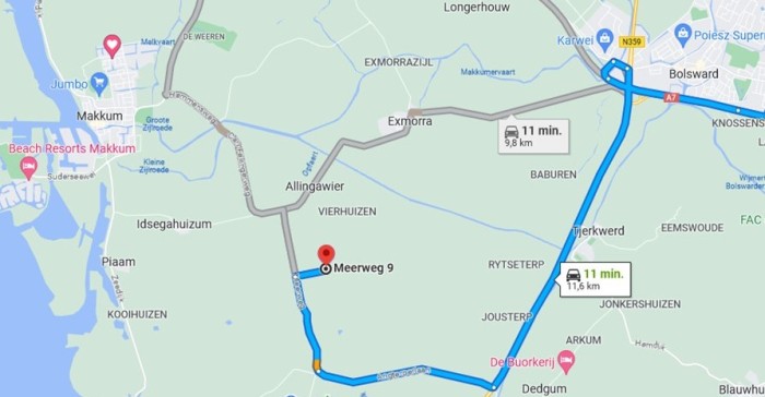 Route naar Meerweg 9, Allingawier